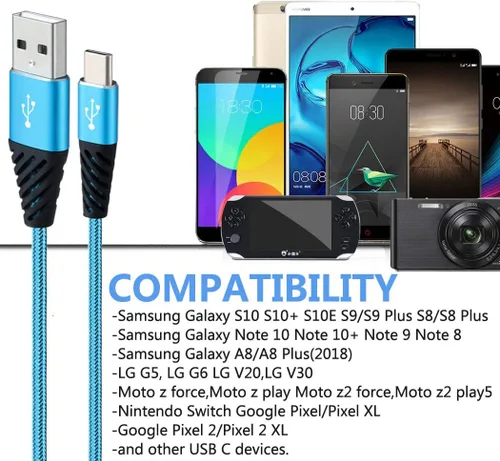 Vista 5 de Bynccea Cable de carga tipo C de 10 pies, paquete de 4 cables de carga rápida USB A a USB C, cargador de teléfono celular, nailon trenzado