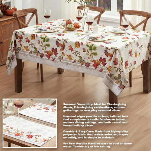 Vista 4 de Newbridge Mantel de tela de follaje otoñal de Acción de Gracias, rectangular de 60 x 144 pulgadas, hojas cambiantes con bordes, Autumn Essentials