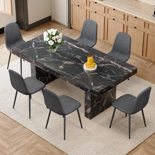 Vista 63 de gopop Mesa de comedor de mármol de 63 pulgadas, tablero de mesa de comedor MDF con patrón de mármol y base para cocina y comedor.