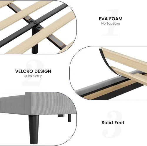 Vista 5 de Base de cama de tamaño matrimonial con cabecera tapizada, base de cama de plataforma de madera con 2 bolsillos de almacenamiento, respaldo de ala