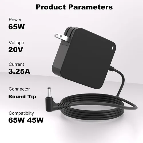 Vista 3 de Cargador portátil de punta redonda de 65 W para Lenovo Ideapad 3 1 5 310 320 330 S145 S340 Business Laptop Flex 5 4 14 15 V14 V15 V17 Yoga 510 710