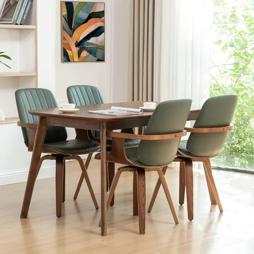 Vista 20 de WUPOTO Juego de 1 silla de comedor giratoria, silla de comedor moderna de mediados de siglo con artesanía de nogal, piel sintética tapizada, brazos