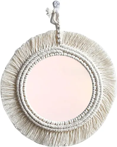 Vista 6 de Espejo de pared de macramé con flecos redondos para dormitorio, apartamento, entradas, decoración del hogar, espejo de pared