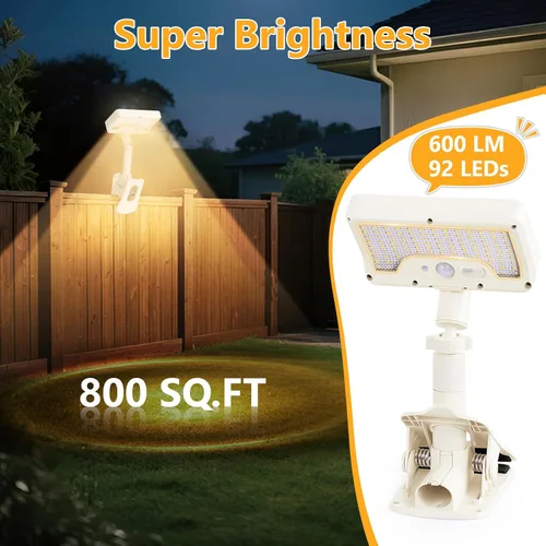 Vista 3 de Luces solares con clip para exteriores con sensor de movimiento, luces solares para vallas ajustables verticalmente y giratorias en 360° con 92 LEDs