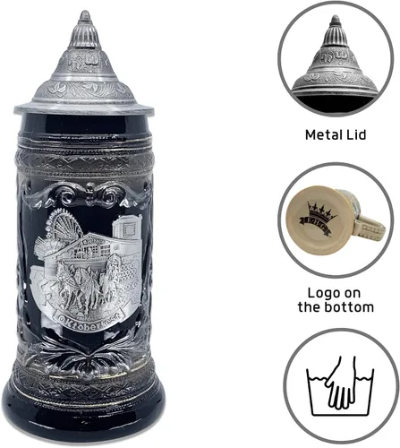 Vista 2 de OktoberfestHaus Oktoberfest Stein Bier Krug Stein Bier Krug - Jarra de cerámica negra con medallón de metal de caballos de tiro alemanes y vagón