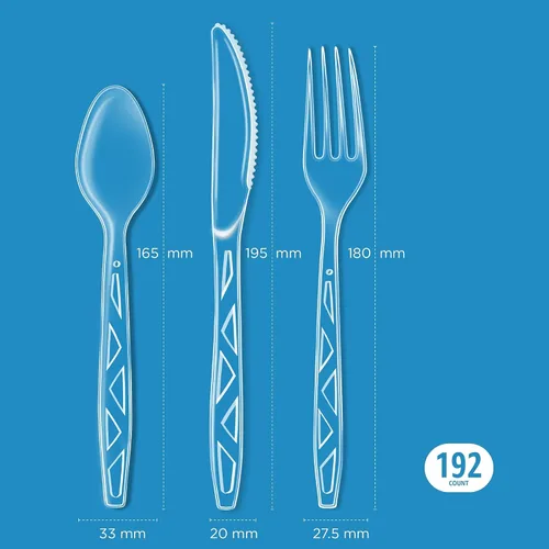 Vista 3 de Amazon Basics Juego de cubiertos desechables transparentes surtidos, calidad premium, 192 unidades, paquete grande combinado de tenedores, cucharas