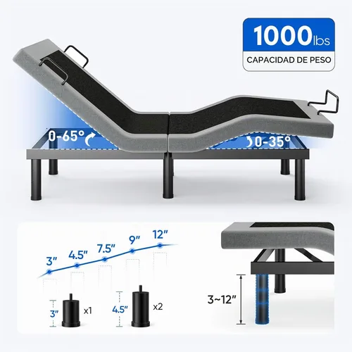 Vista 4 de Marco de Cama Ajustable Split King con Patas Ajustables, Base de Cama Eléctrica con Control Remoto Inalámbrico, 3 Barras de Retención, Gravedad Cero