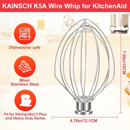 Vista 2 de K5A - Batidor de acero inoxidable para batidora KitchenAid de 5 cuartos de galón, acero inoxidable 18/8, resistente, accesorio de 6 cables para K4