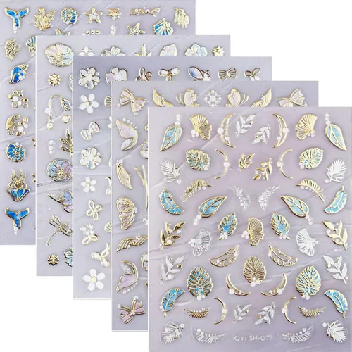 Vista 13 de 20 hojas de calcomanías de uñas 3D, diseño de oro/diamante, lujosas calcomanías de uñas autoadhesivas con relieve, calcomanías de uñas de flores