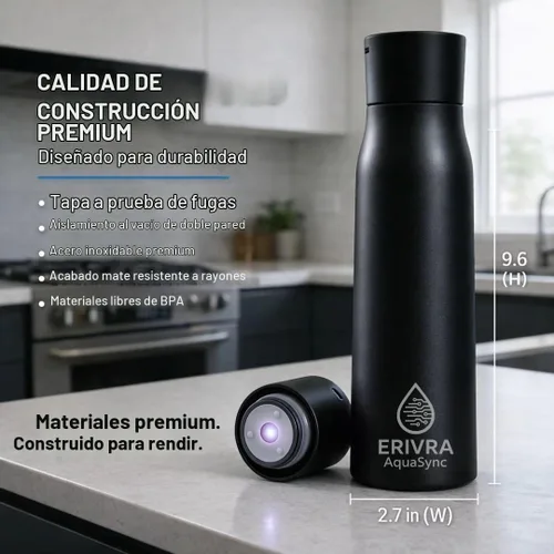 Vista 2 de AquaSync - Botella de agua inteligente autolimpiante de 17 onzas de acero inoxidable aislado al vacío con tecnología de luz UV-C pantalla