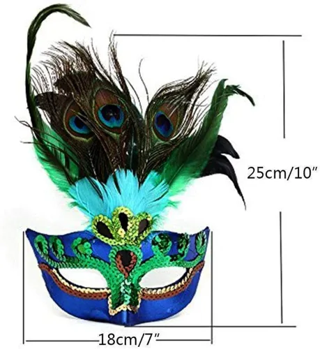 Vista 3 de BLUE GARLIC Máscara de mascarada para mujer, máscara de plumas de pavo real, máscara de Mardi Gras para niñas, Azul