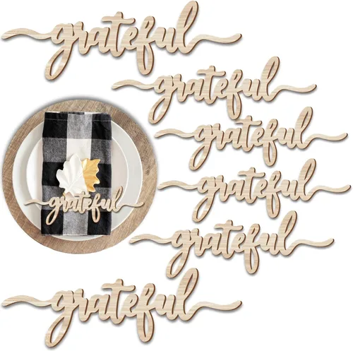 Vista 10 de Tarjetas de lugar de Acción de Gracias Blessed, Thankful, Grateful Letreros de madera para mesa de comedor de otoño, adorno de mesa de casa