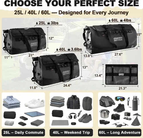 Vista 2 de Bolsa de lona impermeable 25L/40L/60L – Bolsa trasera de motocicleta resistente, bolsa seca enrollable para viajes, camping, canotaje, kayak