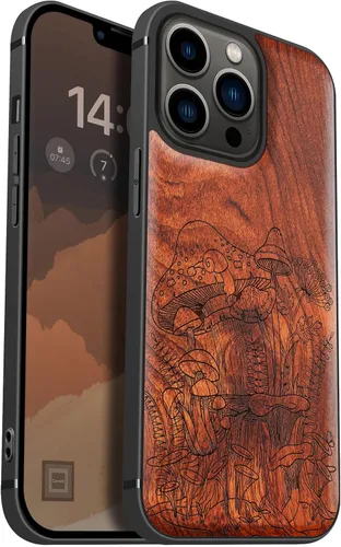 Vista 8 de Carveit Funda magnética de madera para iPhone 13 Pro [madera natural y TPU suave negro] Funda protectora de madera única y elegante a prueba
