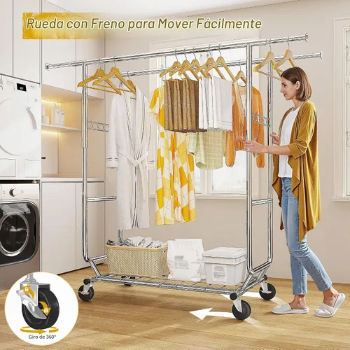 Vista 4 de Raybee Perchero de carga de 620 libras, almacenamiento de ropa de metal con estante y ruedas resistentes, estante de ropa rodante para dormitorio
