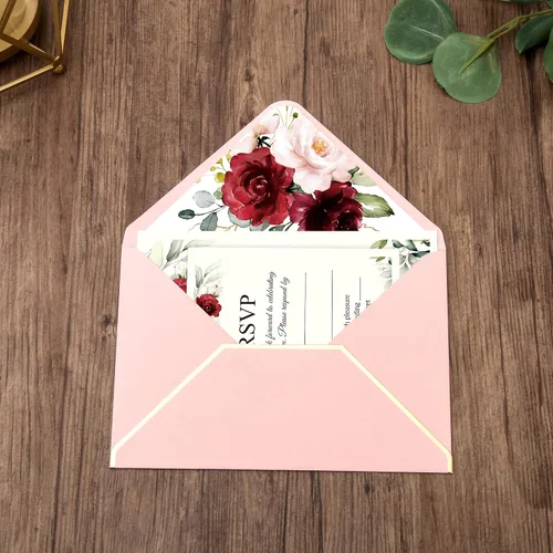 Vista 5 de DORIS HOME 25 invitaciones de boda rosadas con sobres y tarjetas RSVP con rosa burdeos y sobre con borde dorado para compromiso, quinceañera