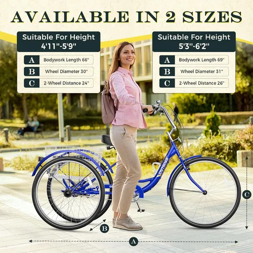 Vista 3 de Betterland Triciclo para adultos de 24/26 pulgadas, triciclo cómodo con canasta grande, bicicleta de crucero estable de 3 ruedas para compras