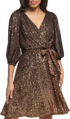 Vista 5 de DKNY Vestido de lentejuelas con cinturón y manga de globo 3/4 para mujer Chocolate