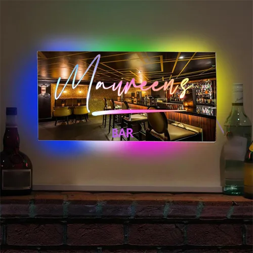 Vista 6 de Espejo de barra de nombre LED personalizado, letreros de neón iluminados para decoración de pared para bar en casa, día de San Valentín y regalos