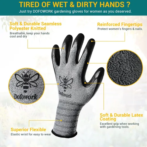 Vista 2 de DOFOWORK Gardening Gloves - 6 Pair Gardening Gloves for Women/Men, Breathable Natural Latex Garden Gloves with Grip