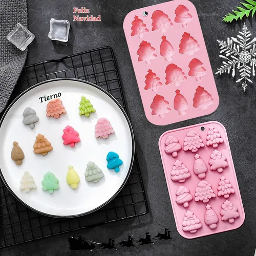 Vista 6 de Paquete de 3 moldes de silicona para hornear navideños, moldes de silicona navideños con forma de árbol de Navidad, moldes para jabón y dulces