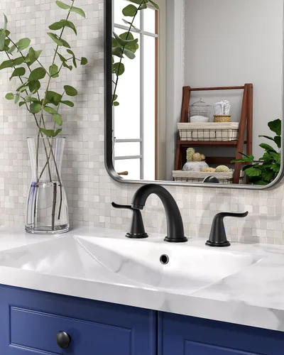 Vista 6 de WOWOW Grifo de Baño Extendido - 3 Orificios, Negro, Centro de 8 Pulgadas, Doble Manija, Arco Alto, Grifo de Lavabo con Ensamble de Drenaje Pop-Up