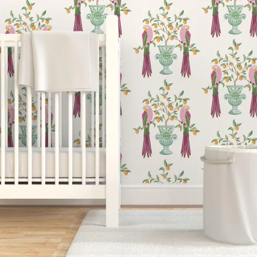 Vista 6 de Muestra de papel tapiz extraíble – Pájaros botánicos tropicales loro cítrico floral caprichoso vid hojas naranja limón italiano personalizado
