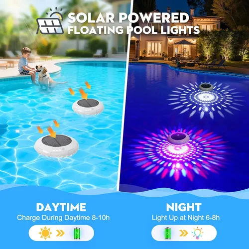 Vista 2 de Luces flotantes para piscina con control remoto, luces solares RGB de 6.5 pulgadas con 9 iluminación dinámica, IP68 impermeable, luz flotante solar