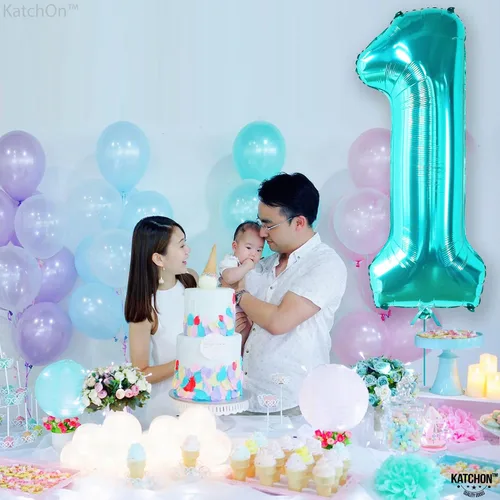 Vista 5 de Enorme globo número 1 de 40 pulgadas para el primer cumpleaños, globos grandes Globo azul Tiffany número uno para decoraciones de primer