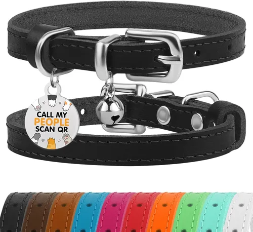 Vista 32 de BRONZEDOG Collar de cuero para gato con campanas extraíbles sin liberación rápida, etiqueta QR para gatito para niña y niño