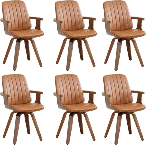 Vista 16 de WUPOTO Juego de 1 silla de comedor giratoria, silla de comedor moderna de mediados de siglo con artesanía de nogal, piel sintética tapizada, brazos