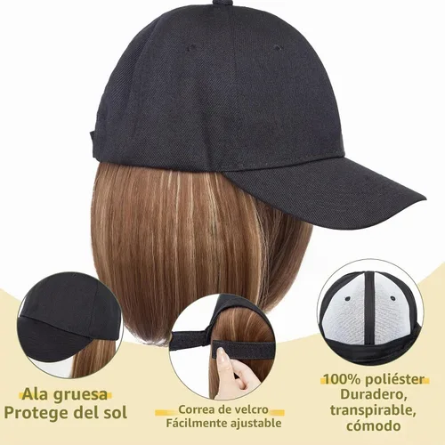 Vista 2 de S-noilite Peluca de gorra de béisbol de 6 pulgadas con peinado Bob y extensiones de cabello, gorra de béisbol recta ajustable para mujer