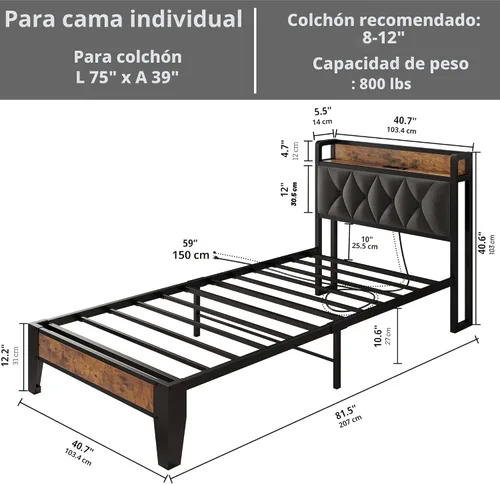 Vista 2 de ANCTOR Marco de cama individual, cabecera de almacenamiento con estación