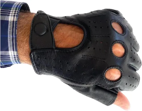Vista 2 de Guantes sin dedos de cuero genuino de oveja para hombre, para conducir, ciclismo, motocicleta, ejercicio y fitness, sin dedos (XL, negro)