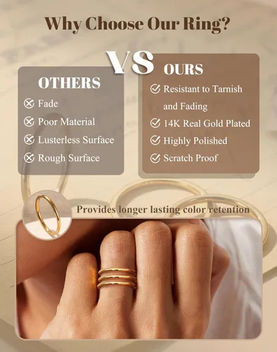 Vista 5 de LOYALLOOK Anillos apilables rellenos de oro de 14 quilates de 0.059 pulgadas para mujer, anillos de acero inoxidable lisos y delgados para nudillos