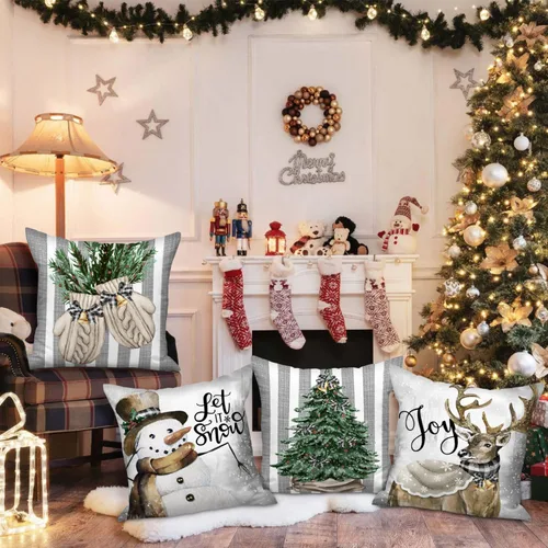 Vista 5 de Lanpn Juego de 4 fundas de almohada navideñas de invierno de 12 x 12 pulgadas, guantes de muñeco de nieve, alce, eucalipto, funda de cojín