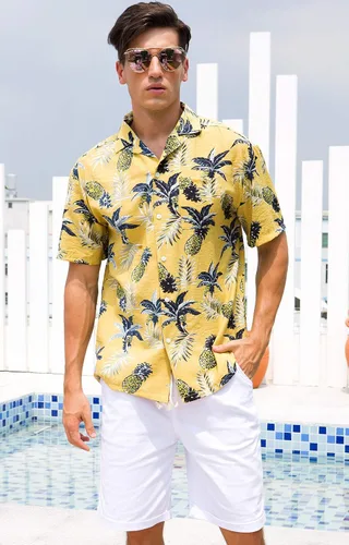 Vista 2 de Janmid Camisas hawaianas florales de manga corta con botones para hombre
