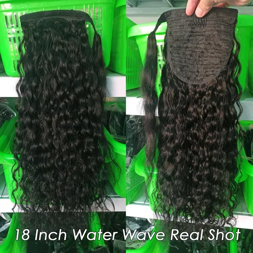 Vista 2 de Extensión de cola de caballo de cabello humano, onda de agua, pasta mágica, ondulado, natural, cola de caballo rizada 100% real, cabello Remy ondas