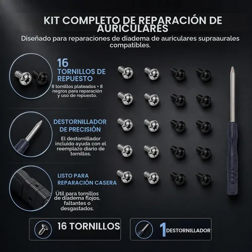 Vista 7 de Sam&Johnny - Juego de 16 tornillos de acero inoxidable para Beats Studio Pro, Studio 3, Studio 2, Studio 1.0 Kit de reparación de diadema, 8 negros