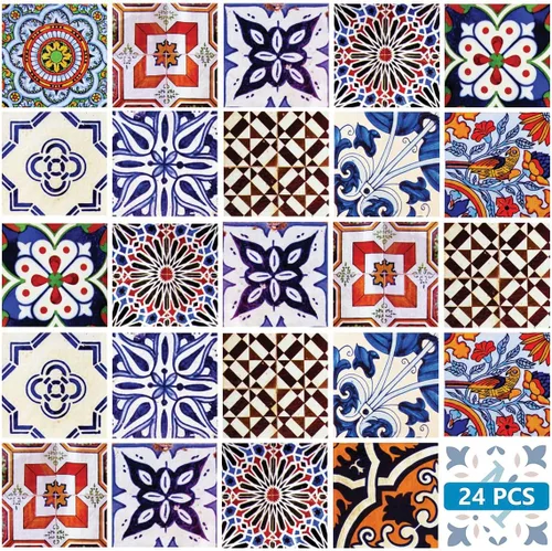 Vista 19 de Juego de 24 calcomanías para azulejos de salpicaduras en muro, azulejos tradicionales de Talavera, calcomanías para azulejos de baño y cocina