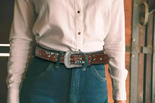 Vista 6 de Western-Cowgirl-Cinturones para Mujer y Hombre Turquesa-Decorado-Hebillas Plateadas-Cinturones de Cuero de Vaquero Occidental para Pantalones