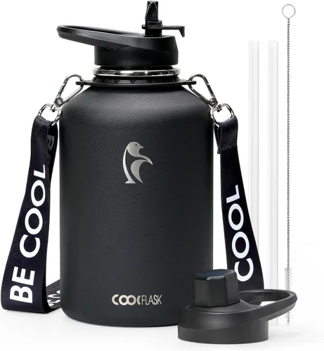 Vista 13 de Botella de agua Coolflask de 40 onzas con correa, botella de agua metálica aislada con popote y tapas con pico, acero inoxidable de doble pared al