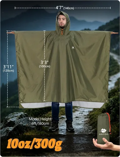 Vista 2 de ANYOO Poncho de lluvia con capucha para adultos impermeable ligero abrigo de lluvia para hombres mujeres chaqueta de lluvia reutilizable para Verde