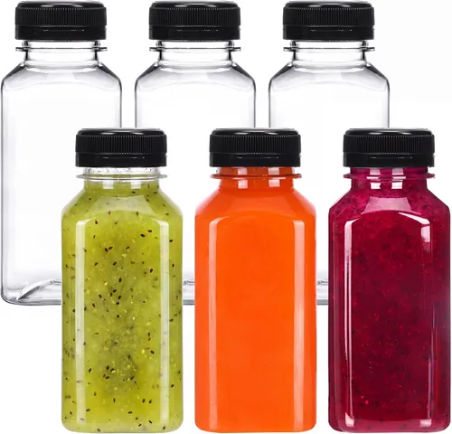 Vista 10 de Moretoes 6 botellas de 120 ml de plástico para jugo con tapas, botellas transparentes vacías reutilizables para shots de jengibre, recipientes