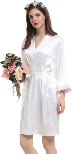 Vista 3 de Bata kimono de novia Satén Dama de honor Boda Fiesta Nupcial Mañana Seda Seda Bata para Mujer