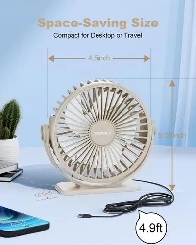 Vista 5 de TriPole Ventilador de Escritorio USB Pequeño Ventilador Personal Portátil, 3 Velocidades Ajustables Brisa Fuerte Mini Ventilador Eléctrico, Rotación