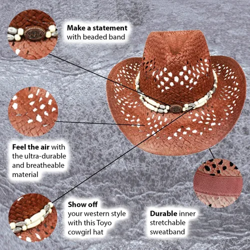 Vista 3 de Sombrero de vaquero de paja para hombres y mujeres, sombrero de sol Sombreros Vagueros Classic Western Accents Sombreros
