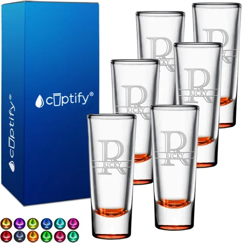 Vista 11 de Vaso de chupito personalizado con fondo negro personalizado de 2 oz, vasos de chupito cordiales con inicial y nombre en script dividido