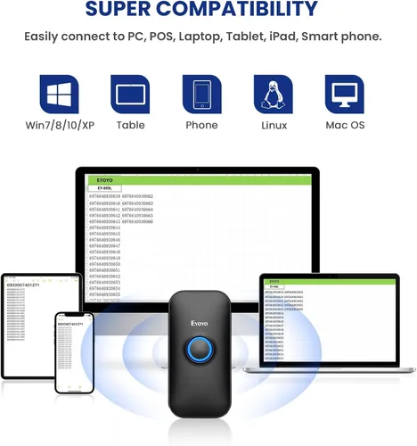 Vista 7 de Eyoyo Mini escáner de código de barras Bluetooth 1D, 3 en 1 Bluetooth y USB con cable y lector de código de barras inalámbrico 2.4G Escáner de Negro