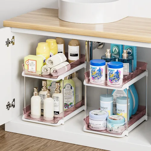 Vista 12 de Delamu Organizadores y Almacenamiento Multiusos de 2 Niveles para Debajo del Fregadero del Baño, Organización Apilable de Despensa de Cocina